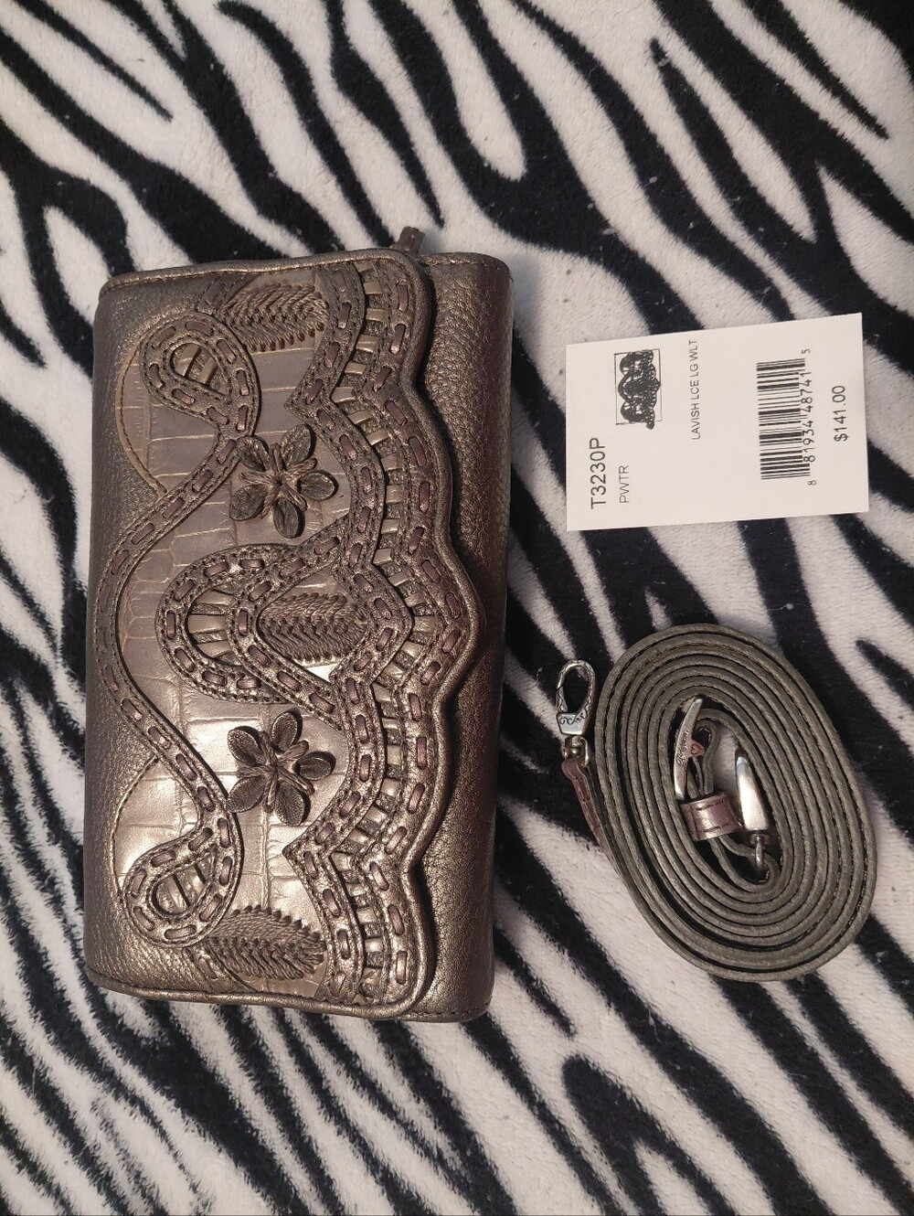 Women's Brighton Pewter Floral Embossed Crossbody Wallet
